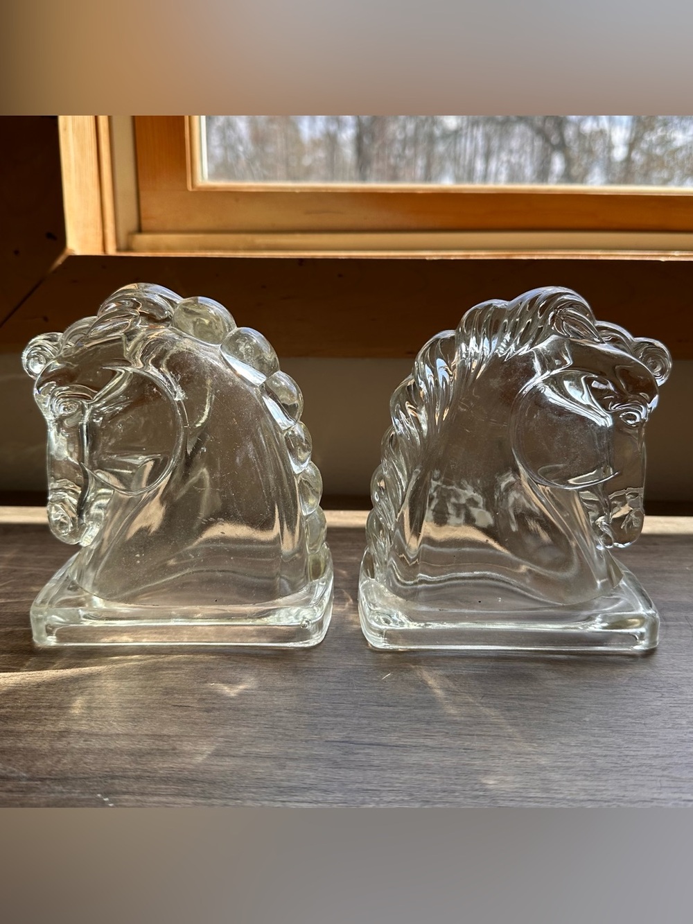 A Pair of Vintage Federal Clear Glass Horse Head Bookends